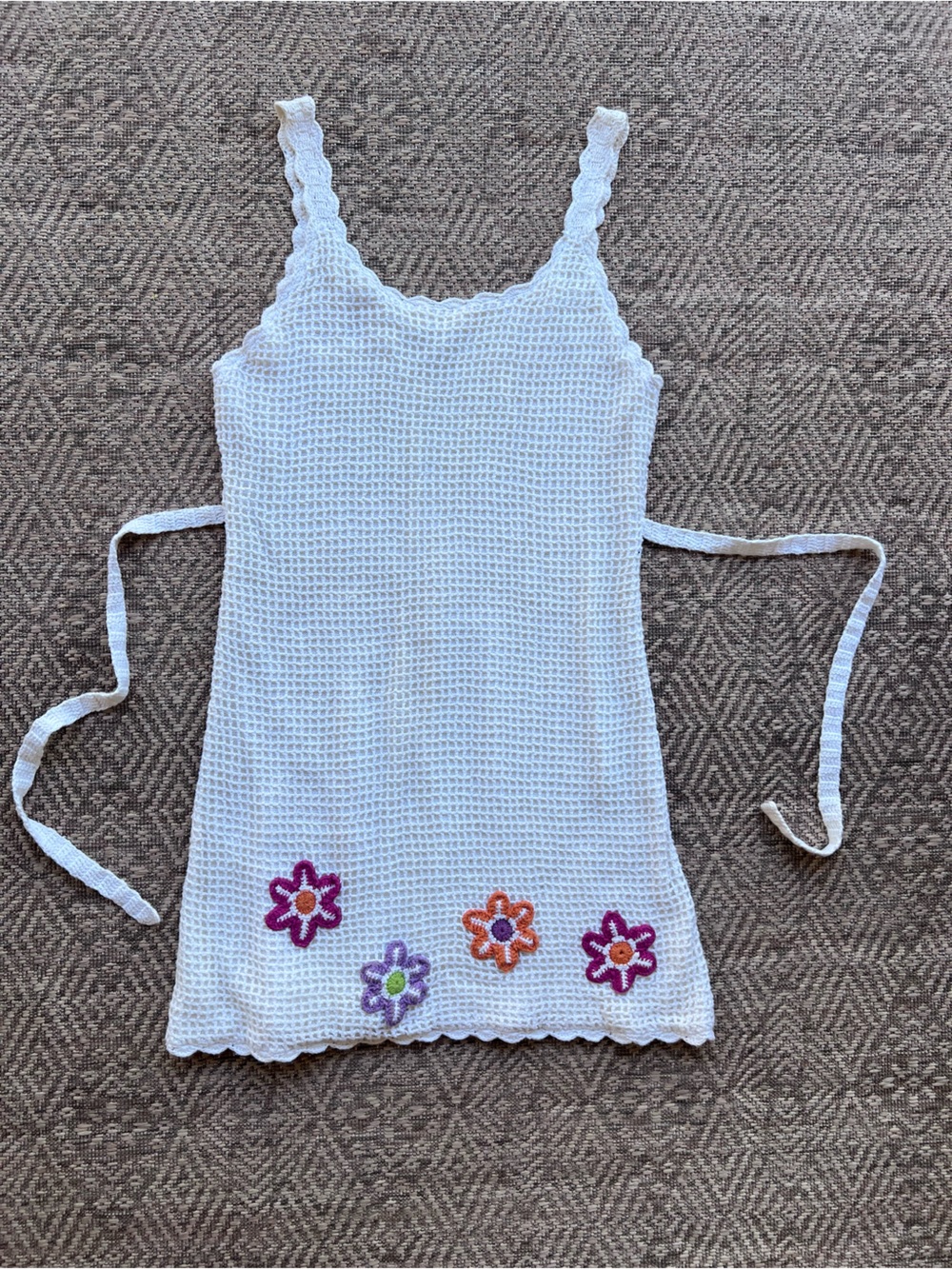 Jalate M Ramie Cotton Crochet Mini Dress Floral Applique Y2K Open Knit White